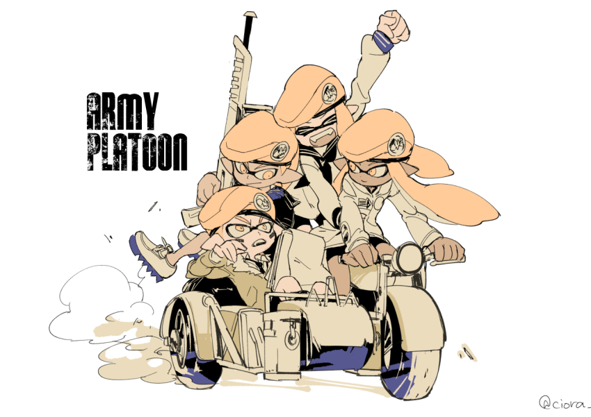 &gt;_&lt; 2boys 2girls army-kun_(splatoon) beret closed_eyes dark-skinned_male dark_skin driving facepaint forge-chan_(splatoon) hat inkling inkling_boy inkling_girl inkling_player_character monochrome motor_vehicle motorcycle multiple_boys multiple_girls nintendo notepad orange_eyes pointy_ears sailor_blue-kun_(splatoon) sailor_collar sailor_shirt sailor_white-chan_(splatoon) serizawa_nae shirt sidecar simple_background splat_charger_(splatoon) splatoon_(manga) splatoon_(series) splatoon_1 tentacle_hair twitter_username white_background