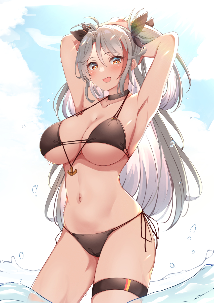 1girl :d absurdres armpits arms_behind_head arms_up azur_lane bikini black_bikini black_choker blush breasts choker cleavage commentary_request flag_print german_flag_bikini highres large_breasts long_hair looking_at_viewer moyoron multicolored_hair navel official_alternate_costume open_mouth prinz_eugen_(azur_lane) prinz_eugen_(unfading_smile)_(azur_lane) red_hair ribbon side-tie_bikini_bottom smile solo streaked_hair swimsuit thigh_strap two_side_up very_long_hair wading