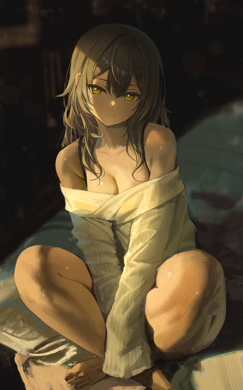 1girl absurdres bare_shoulders barefoot bra_strap breasts cleavage grey_hair hair_between_eyes head_tilt hidulume highres honkai:_star_rail honkai_(series) long_hair long_sleeves looking_at_viewer off-shoulder_sweater off_shoulder sitting smile solo stelle_(honkai:_star_rail) sweater trailblazer_(honkai:_star_rail) white_sweater yellow_eyes