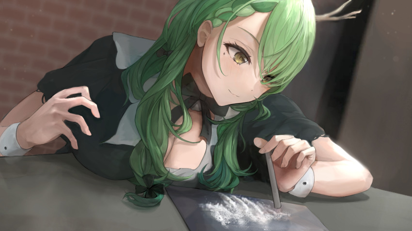 1girl antlers black_bow black_dress bow braid breasts ceres_fauna chan1moon cleavage cocaine dress game_cg green_hair hair_behind_ear hololive hololive_english horns looking_down medium_breasts mole mole_under_eye open_hand smile solo virtual_youtuber wrist_cuffs yellow_eyes