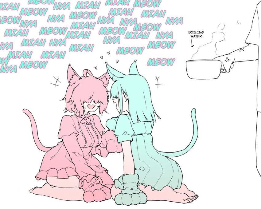 1boy 2girls anger_vein animal_ears animal_hands annoyed arrow_(symbol) barefoot bow bowtie cat_ears cat_girl cat_tail commentary dress english_commentary english_text gloves hair_over_eyes highres holding_cooking_pot long_sleeves multiple_girls nyan open_mouth original out_of_frame partially_colored paw_gloves seiza short_hair short_sleeves simple_background sitting smile tail white_background yblndr