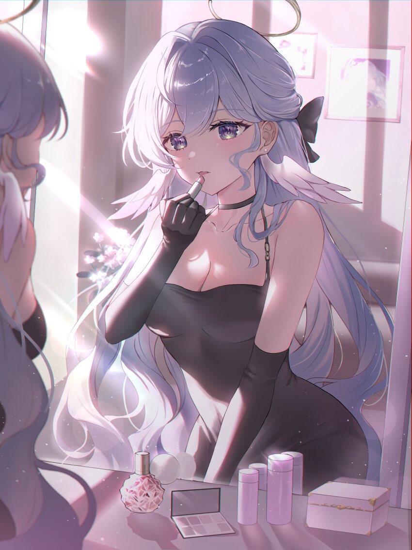 1girl absurdres applying_makeup bare_shoulders black_choker black_dress black_gloves blue_hair breasts choker cleavage dress earrings elbow_gloves gloves halo hashtag-only_commentary head_wings highres honkai:_star_rail honkai_(series) ien_(to_yen) indoors jewelry large_breasts lipstick long_hair looking_at_mirror makeup mirror portrait_(object) robin_(honkai:_star_rail) solo upper_body wings