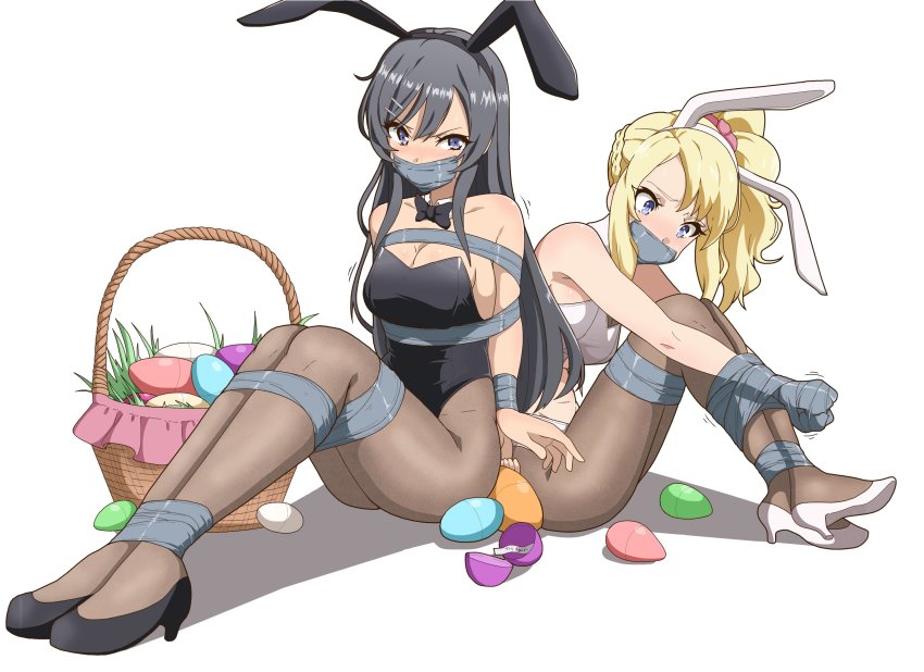 2girls absurdres animal_ears bdsm black_hair blonde_hair blue_eyes bondage bound bound_ankles bound_legs bound_wrists breasts cleavage detached_collar fake_animal_ears gag gagged grey_eyes high_heels highres leotard multiple_girls pantyhose playboy_bunny sakurajima_mai seishun_buta_yarou tape taped_hands tiedtiki toyohama_nodoka