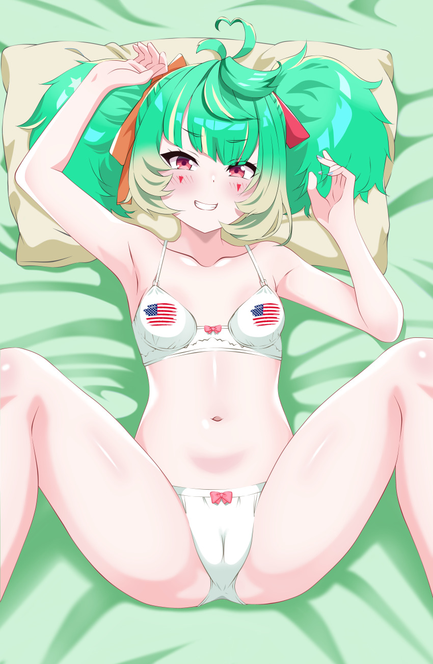 1girl absurdres bed bed_sheet belly bow bra breasts commission coni_confetti green_hair hair_bow hair_ribbon highres idol_corp kiniro_tofu looking_at_viewer multicolored_hair nail_polish navel panties pillow pink_eyes ribbon short_hair small_breasts solo teeth thighs underwear underwear_only virtual_youtuber white_bra white_panties