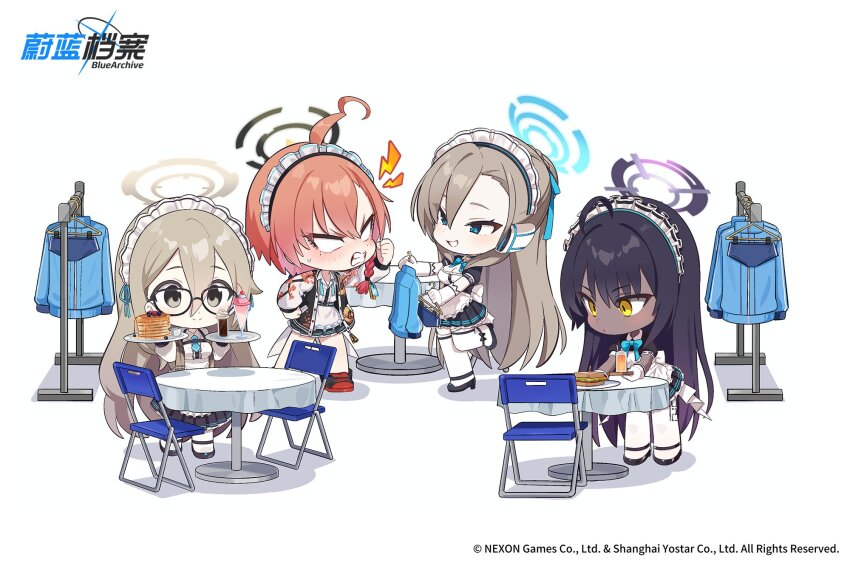 4girls akane_(blue_archive) asuna_(blue_archive) black_hair blue_archive blue_eyes brown_hair chair chibi clenched_hands clenched_teeth closed_mouth clothes_hanger commentary_request cup dark-skinned_female dark_skin dress elbow_gloves food glasses gloves gradient_hair grey_hair hair_between_eyes hair_ribbon halo highres holding holding_tray jacket karin_(blue_archive) kekek korean_commentary long_hair maid maid_headdress mole mole_under_eye multicolored_hair multiple_girls neru_(blue_archive) official_art open_clothes open_jacket orange_hair pancake purple_hair red_hair ribbon simple_background standing sukajan table teeth tray very_long_hair white_background white_gloves yellow_eyes