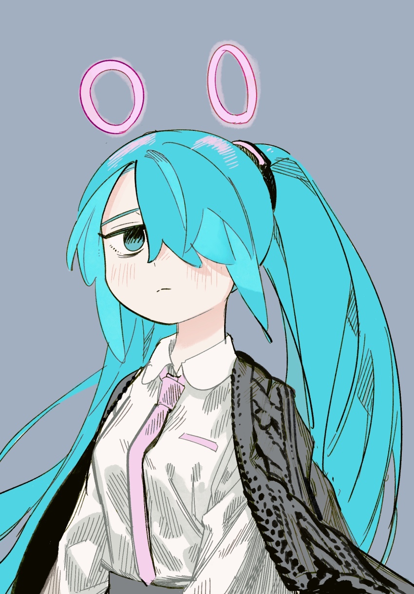 1girl alternate_costume alternate_hairstyle bags_under_eyes black_jacket blue_eyes blue_hair blush breasts closed_mouth collared_shirt floating_headgear frown glowing_headgear grey_background hair_ornament hair_over_one_eye half-closed_eyes hatsune_miku headgear highres inemuri_(jdq5e) jacket jacket_on_shoulders long_sleeves looking_at_viewer medium_breasts necktie one_eye_covered open_clothes open_jacket pink_necktie shirt shirt_tucked_in simple_background solo twintails upper_body vocaloid white_shirt