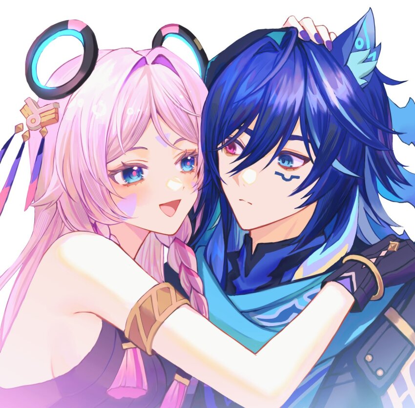 1boy 1girl animal_ear_fluff animal_ears arm_markings armlet bat_ears black_gloves black_leotard blue_eyes blue_scarf blunt_tresses blush bracelet braid breasts citlali_(genshin_impact) closed_mouth expressionless eye_contact face-to-face facial_mark feather_hair_ornament feathers floating_hair_ornament genshin_impact glove_cutout gloves gold grandmother_and_grandson hair_between_eyes hair_ornament hair_rings hair_tubes hand_on_another&#039;s_shoulder headpat heterochromia highres hug jewelry leotard long_hair looking_at_another mandarin_collar open_mouth ororon_(genshin_impact) pink_hair pink_pupils purple_hair pzmnb raised_eyebrows red_eyes scarf sideboob sleeveless_leotard tongue triangle_facial_mark twin_braids upper_body white_background wide-eyed