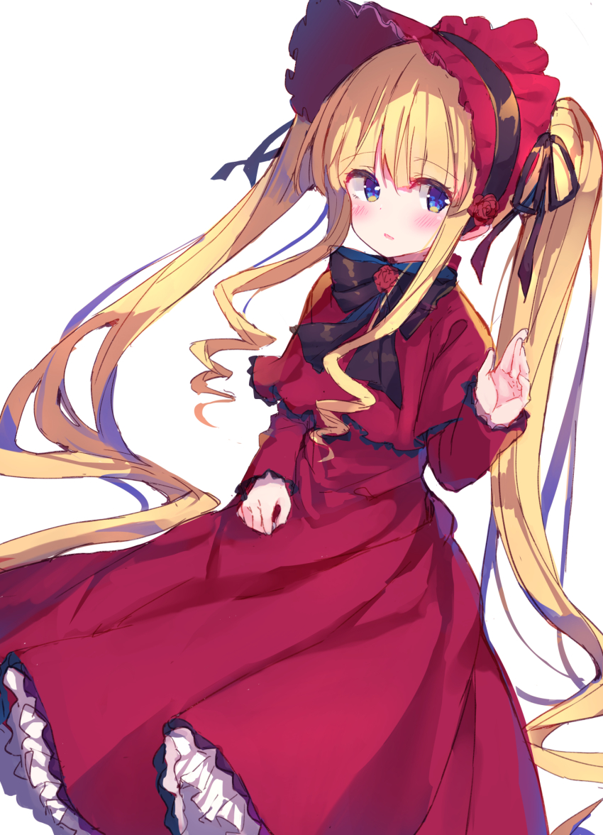 1girl black_ribbon blonde_hair blue_eyes blush capelet dress female_focus flower hair_between_eyes hand_up highres long_hair long_sleeves looking_at_viewer makiaato parted_lips red_capelet red_dress red_flower red_rose ribbon rose rozen_maiden shinku sidelocks simple_background sketch sleeves_past_wrists solo twintails very_long_hair white_background