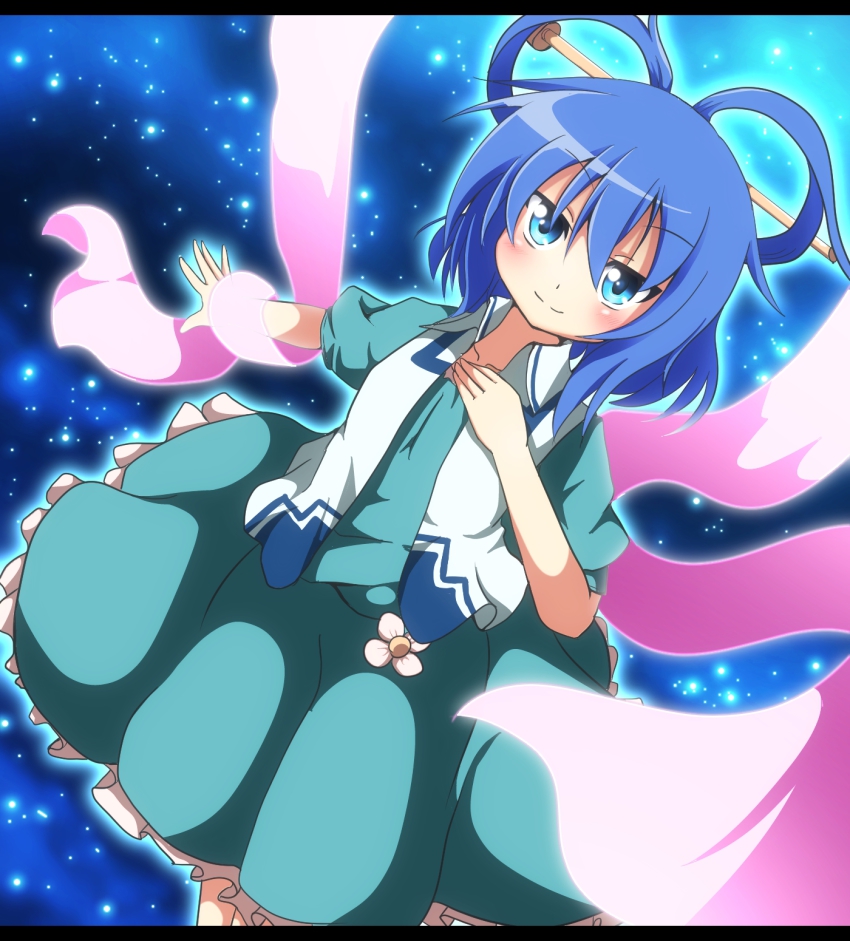 1girl bad_id bad_pixiv_id blue_dress blue_eyes blue_hair blush do_(4-rt) dress female_focus hair_ornament hair_rings hair_stick highres kaku_seiga letterboxed matching_hair/eyes shawl short_hair smile solo touhou vest