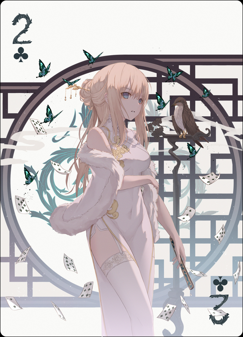 1girl arm_under_breasts bad_id bad_pixiv_id bird blonde_hair blue_eyes breasts bug butterfly cape card china_dress chinese_clothes commentary dragon dress eastern_dragon empty_eyes english_commentary feet_out_of_frame folded_fan folding_fan fur-trimmed_cape fur_trim garter_belt hair_between_eyes hair_bun hair_ornament hairpin hand_fan hawk high_collar highres holding holding_fan insect large_breasts looking_at_viewer merry_hearm original playing_card rounded_corners side_slit sidelocks simple_background single_hair_bun sleeveless sleeveless_dress solo spade_(shape) thighhighs white_background white_dress white_thighhighs