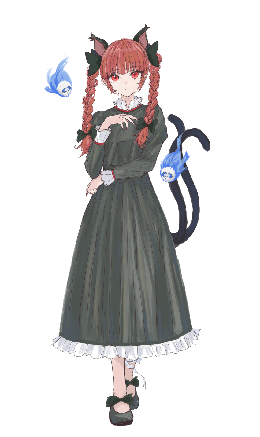 1girl absurdres animal_ears black_bow black_dress bow cat_ears cat_girl cat_tail closed_mouth commentary dress extra_ears frilled_dress frills full_body hair_bow highres hitodama kaenbyou_rin kashiwada_kiiho long_sleeves looking_at_viewer multiple_tails red_eyes red_hair simple_background solo tail touhou two_tails upper_body white_background