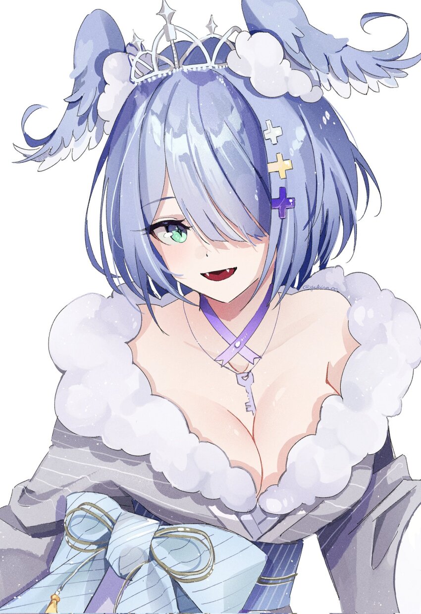 1girl :d aqua_eyes blue_hair breasts cleavage cross-shaped_pupils elira_pendora elira_pendora_(2nd_costume) fangs fur-trimmed_kimono fur_trim hair_over_one_eye head_wings highres japanese_clothes jewelry key key_necklace kimono large_breasts looking_at_viewer medium_hair necklace nijisanji nijisanji_en obi open_mouth sash simple_background smile solo symbol-shaped_pupils tiara virtual_youtuber white_background wings yakira00