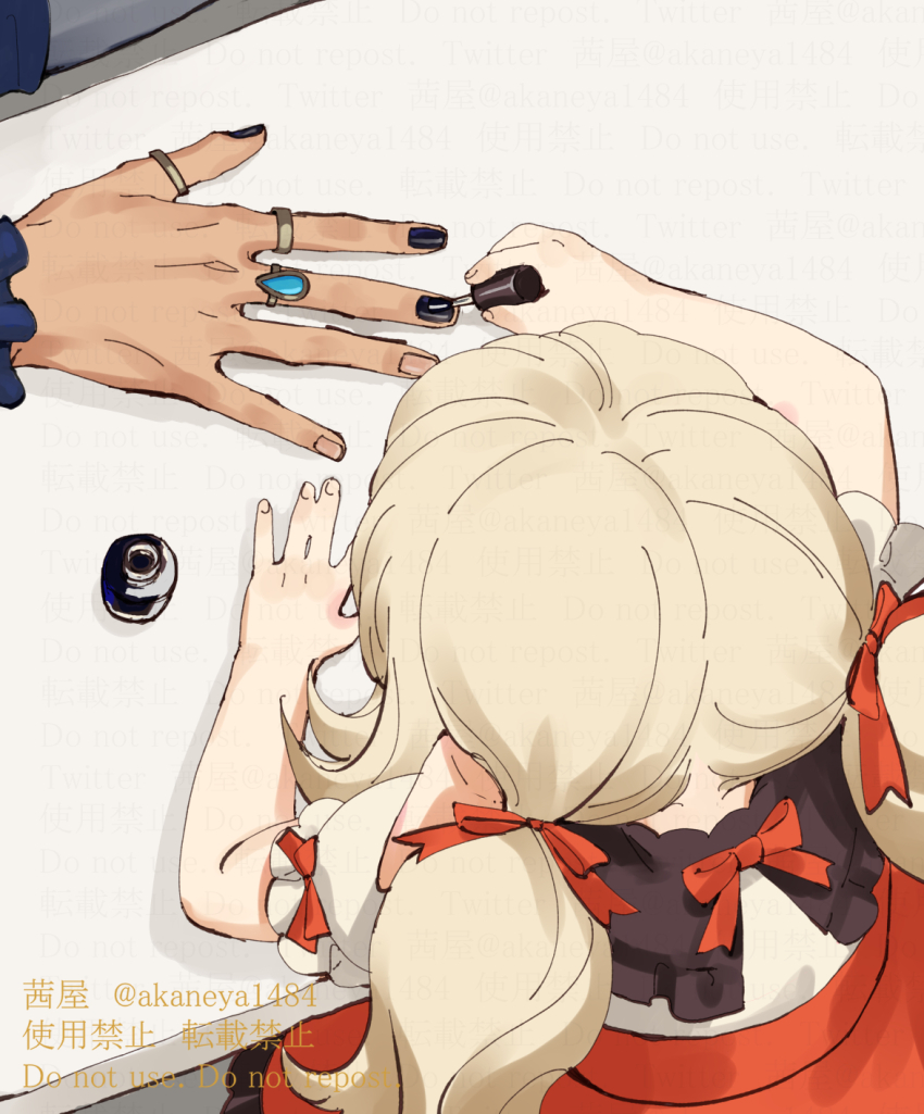 1boy 1girl applying_manicure artist_name black_nails blonde_hair bow commentary_request cosmetics dark-skinned_male dark_skin detached_collar facing_away fingernails frilled_shirt_collar frilled_sleeves frills from_above genshin_impact gold_ring hair_bow high-waist_skirt highres holding jewelry kaeya_(genshin_impact) kaeya_(sailwind_shadow)_(genshin_impact) klee_(blossoming_starlight)_(genshin_impact) klee_(genshin_impact) long_hair long_sleeves low_twintails multiple_rings nail_polish nail_polish_bottle nail_polish_brush official_alternate_costume ojo_aa painting_nails pointy_ears puffy_short_sleeves puffy_sleeves red_bow red_skirt ring shirt short_sleeves sitting skirt solo_focus table thumb_ring twintails twitter_username watermark white_shirt