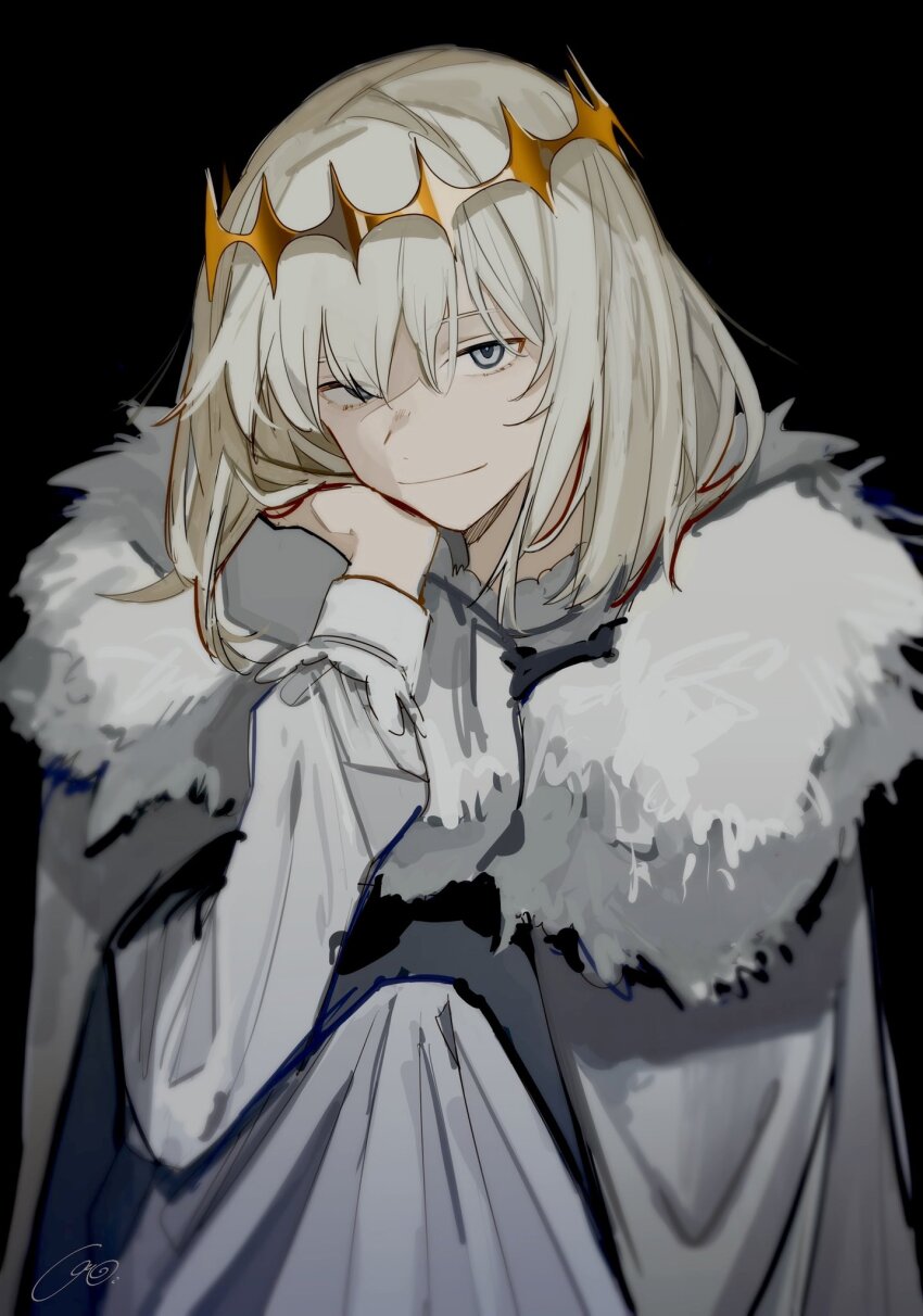 1boy artist_name bishounen black_background blue_eyes bob_cut cape closed_mouth commentary diamond_hairband eyes_visible_through_hair fate/grand_order fate_(series) fur-trimmed_cape fur_trim gold_hairband grey_hair hairband highres long_sleeves looking_at_viewer male_focus medium_hair oberon_(fate) robe signature simple_background smile solo two_pokemon white_cape white_robe