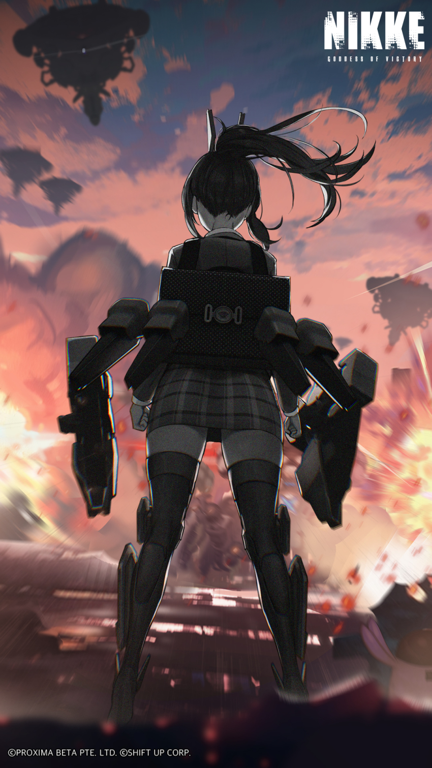 1girl artist_request backpack bag black_hair clenched_hands commentary cropped english_commentary explosion from_behind full_body goddess_of_victory:_nikke highres long_hair long_sleeves official_art outdoors pleated_skirt ponytail rapture_(nikke) school_uniform second-party_source shirt skirt solo standing thighhighs zwei_(nikke)