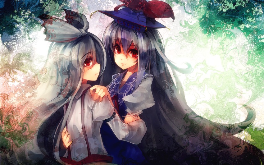 2girls bow fujiwara_no_mokou hair_bow hat highres kamishirasawa_keine long_hair multiple_girls red_eyes silver_hair suspenders touhou ukyo_rst very_long_hair