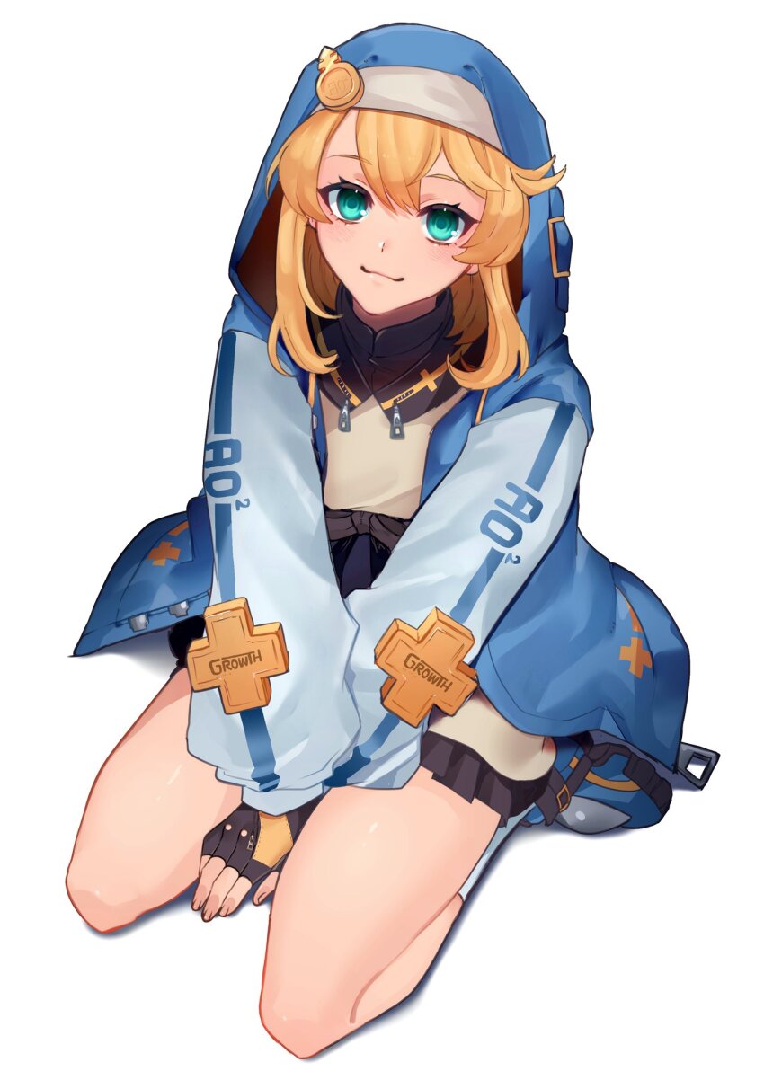 1boy :3 androgyne_symbol androgynous aqua_eyes black_gloves black_skirt blonde_hair blue_hoodie blue_jacket bridget_(guilty_gear) fingerless_gloves gloves green_eyes guilty_gear hair_between_eyes highres hood hood_up hooded_jacket hoodie jacket long_sleeves male_focus modoki_ggst skirt solo trap white_background