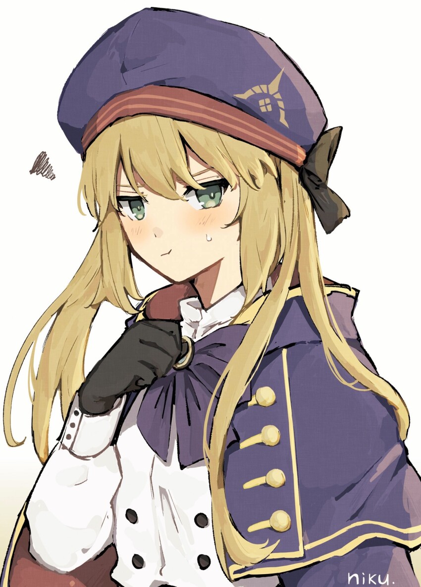 1girl artist_name artoria_caster_(fate) artoria_caster_(second_ascension)_(fate) artoria_pendragon_(fate) black_gloves black_ribbon blonde_hair blue_bow blue_bowtie blue_cape blush bow bowtie buttons cape closed_mouth commentary dress fate/grand_order fate_(series) fgo_si gloves green_eyes hair_ribbon hat highres long_hair long_sleeves looking_at_viewer pout red_cape ribbon simple_background solo sweatdrop symbol-only_commentary twintails two-tone_cape white_background white_dress