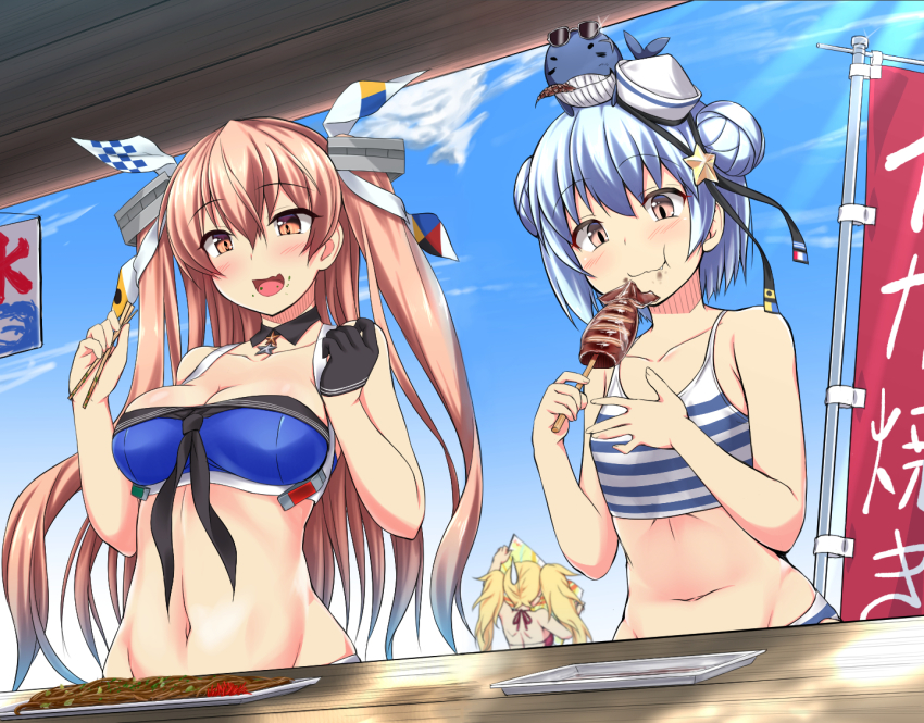 1other 3girls animal animal_on_head bikini black_gloves blonde_hair blue_bikini blue_hair blue_skirt blue_sky blush breasts brown_eyes brown_hair chopsticks cleavage cloud collarbone commentary_request day dixie_cup_hat double_bun eating fang food food_on_face gambier_bay_(kancolle) gloves hair_between_eyes hair_bun hair_ornament hair_ribbon hat holding holding_food ikayaki johnston_(kancolle) johnston_kai_(swimsuit_mode)_(kancolle) kantai_collection light_brown_hair little_blue_whale_(kancolle) long_hair medium_breasts military_hat mizunoe_kotaru multiple_girls navel on_head ribbon samuel_b._roberts_(kancolle) samuel_b._roberts_(swimsuit_mode)_(kancolle) short_hair single_glove skin_fang skirt sky smile stomach striped_bikini striped_clothes sweatdrop swimsuit twintails two_side_up upper_body whale white_headwear yakisoba