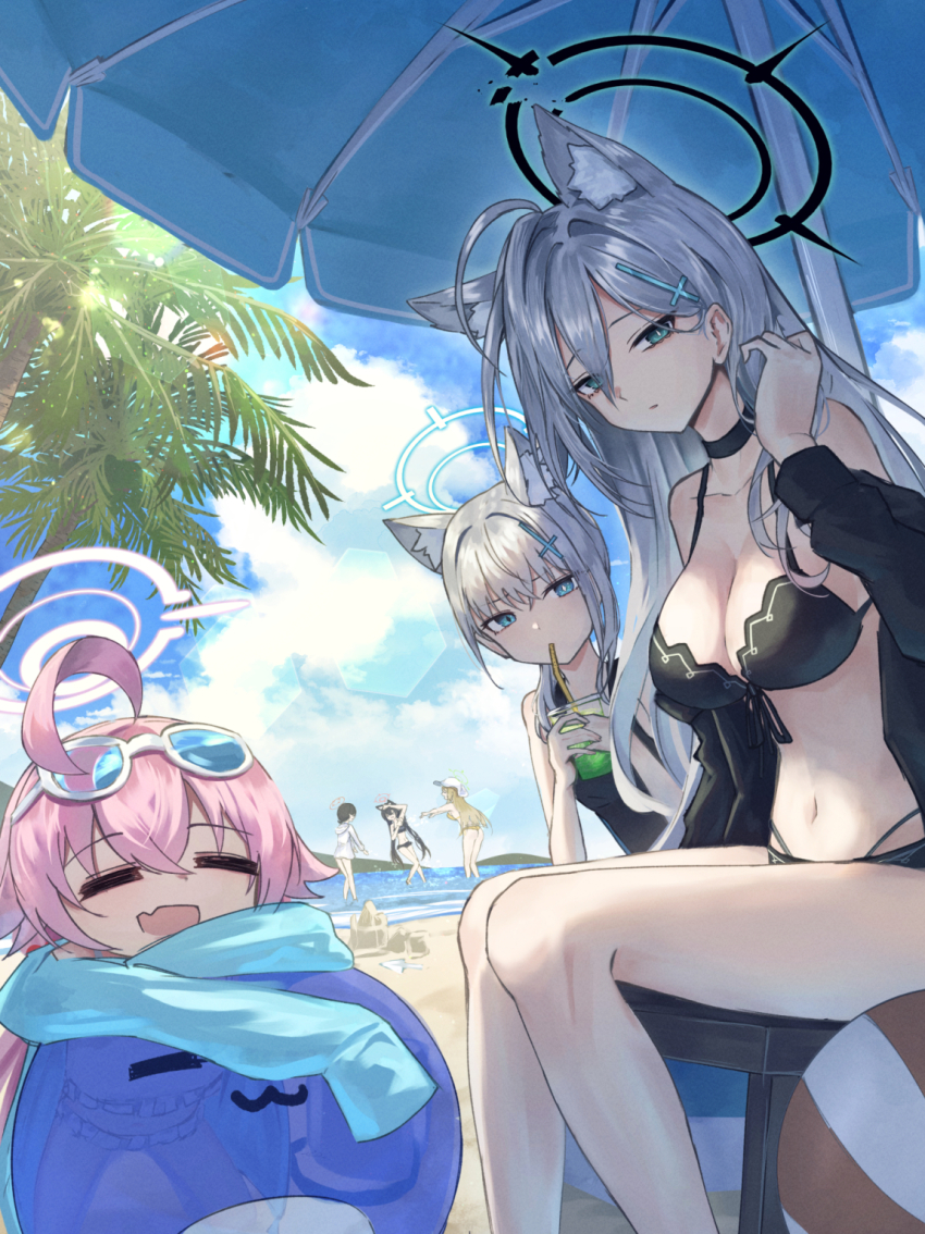 3ni3ni 6+girls =_= adapted_costume ahoge animal_ear_fluff animal_ears ayane_(blue_archive) ayane_(swimsuit)_(blue_archive) beach beach_umbrella bikini black_bikini black_halo blue_archive blue_eyes blue_sky breasts closed_mouth cloud commentary cross_hair_ornament cup day disposable_cup drink drinking drinking_straw drinking_straw_in_mouth expressionless eyewear_on_head fang grey_hair hair_ornament halo highres holding holding_cup holding_drink hoshino_(blue_archive) hoshino_(swimsuit)_(blue_archive) huge_ahoge large_breasts looking_at_viewer multiple_girls nonomi_(blue_archive) nonomi_(swimsuit)_(blue_archive) official_alternate_costume outdoors palm_tree pink_hair pink_halo sand sand_castle sand_sculpture serika_(blue_archive) serika_(swimsuit)_(blue_archive) shiroko_(blue_archive) shiroko_(swimsuit)_(blue_archive) shiroko_terror_(blue_archive) sitting skin_fang sky sunglasses swimsuit tree umbrella wolf_ears