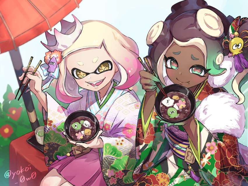 2girls alternate_costume alternate_hairstyle aqua_eyes aqua_hair artist_name blonde_hair blue_ribbon blush bowl brown_hair cephalopod_eyes chopsticks closed_mouth colored_extremities commentary_request cross-shaped_pupils crown cup dark-skinned_female dark_skin earmuffs fang floral_print floral_print_kimono flower food_request furrowed_brow gradient_hair hair_flower hair_ornament hair_ribbon highres holding holding_bowl holding_chopsticks horizontal_pupils inkling japanese_clothes kimono long_sleeves looking_at_viewer marina_(splatoon) medium_hair mole mole_under_mouth multicolored_clothes multicolored_hair multicolored_kimono multiple_girls nintendo octoling open_mouth parted_bangs pearl_(splatoon) pink_hair pink_pupils print_kimono ribbon short_bangs short_eyebrows side_ponytail sitting smile splatoon_(series) splatoon_2 striped_ribbon symbol-shaped_pupils tentacle_hair tilted_headwear two-tone_hair watermark white_crown white_kimono wide_sleeves yellow_eyes yokoi_aya yunomi