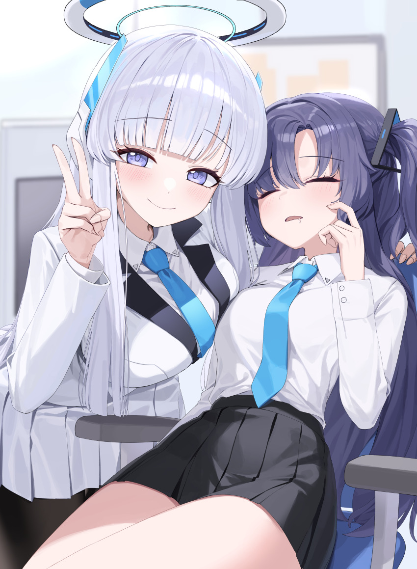 2girls absurdres black_skirt blue_archive blue_hair blue_necktie blurry blurry_background blush breasts closed_eyes closed_mouth commentary_request drooling halo highres indoors jacket large_breasts long_hair looking_at_viewer mechanical_halo multiple_girls necktie noa_(blue_archive) open_mouth pleated_skirt purple_eyes saliva sgholln shirt skirt sleeping smile v white_hair white_halo white_jacket white_shirt white_skirt yuuka_(blue_archive)