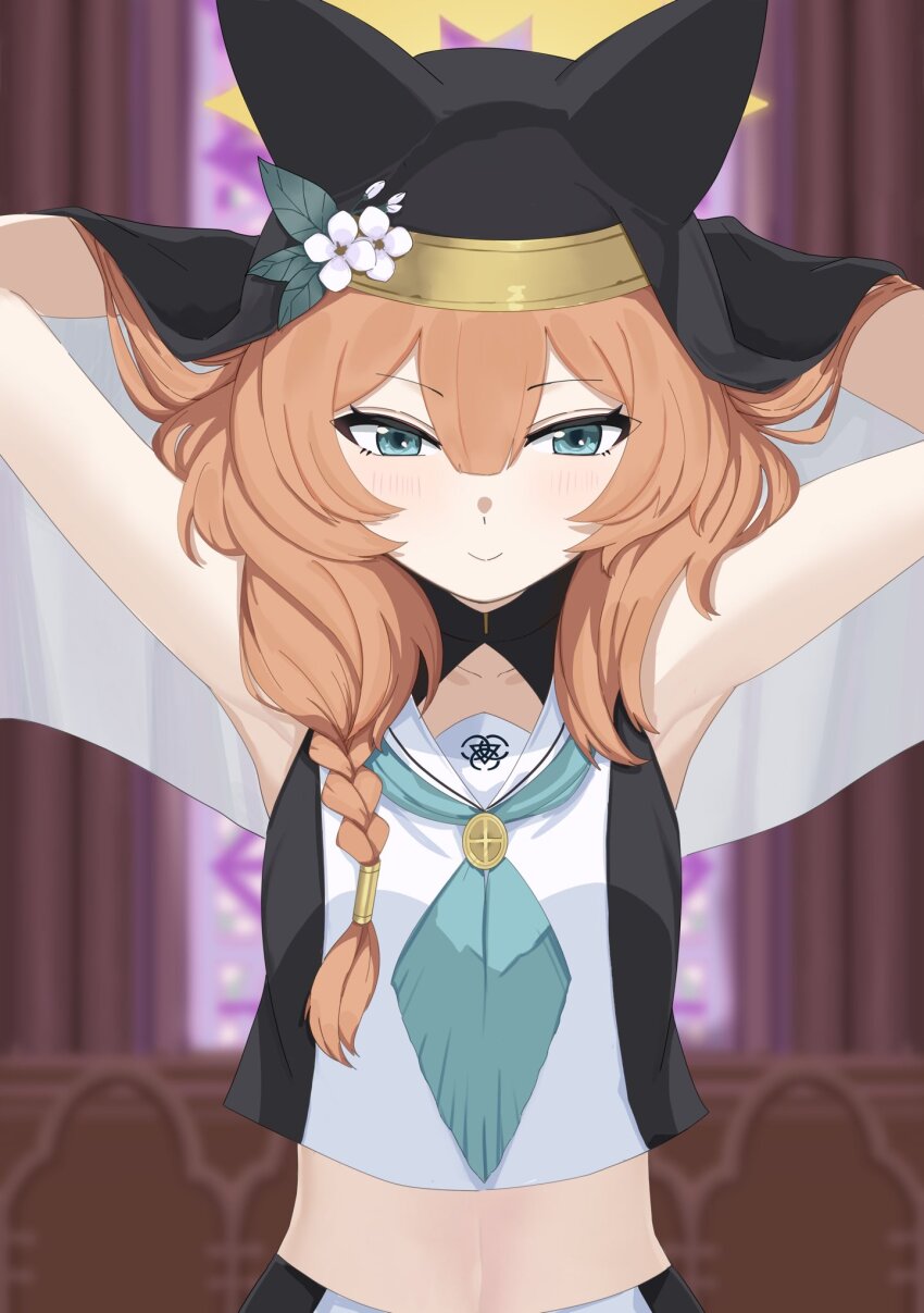 1girl animal_ear_headwear arms_behind_head black_hat blue_archive blue_eyes blue_ribbon braid cat_girl fake_animal_ears flower hair_between_eyes hair_flower hair_ornament hair_over_shoulder hand_in_own_hair hat highres long_hair mari_(blue_archive) navel orange_hair pusen_(puuu_sen555) ribbon sailor_collar shirt sidelocks single_braid white_flower white_sailor_collar white_shirt