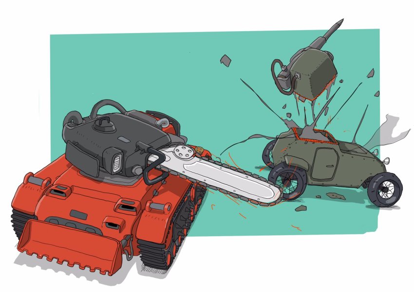 caterpillar_tracks chainsaw explosion gatling_san_tohei highres military military_vehicle motor_vehicle no_humans original sliced smoke spikes tank tank_turret vehicle_focus