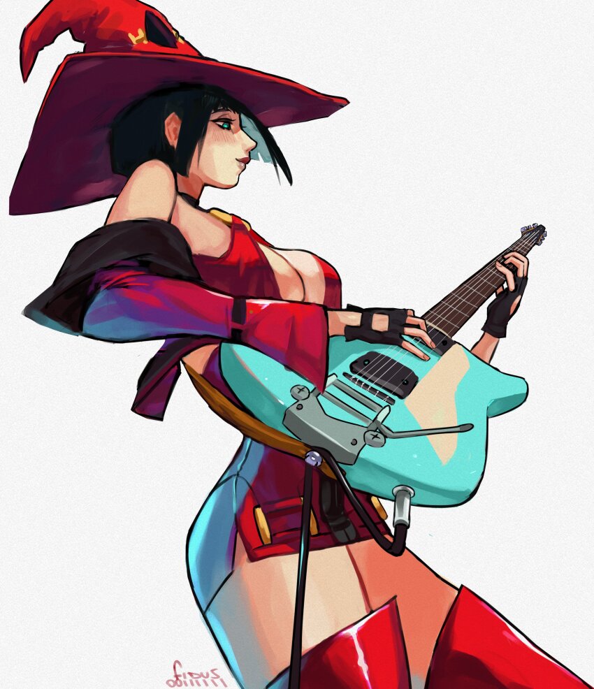 1girl absurdres aqua_eyes artist_name bare_shoulders black_choker black_gloves black_hair blunt_bangs blunt_ends bob_cut boots breasts choker cleavage_cutout closed_mouth clothing_cutout cowboy_shot detached_sleeves dress electric_guitar fidus fingerless_gloves fingernails from_side gloves guilty_gear guilty_gear_strive guitar hat highres i-no instrument light_smile looking_down medium_breasts music o-ring outline playing_instrument red_boots red_dress red_hat red_leather red_lips red_sleeves shiny_clothes short_dress short_hair simple_background solo thick_lips thigh_boots thighs white_background witch_hat