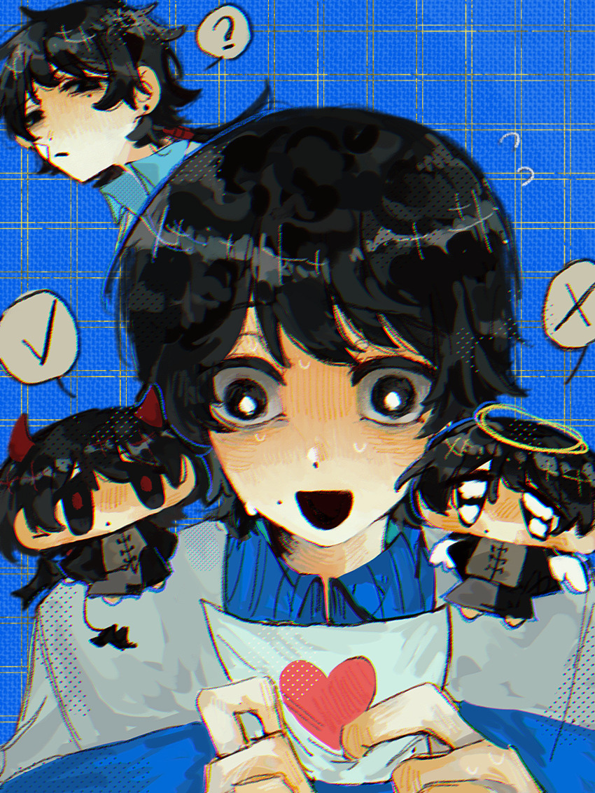 4boys ? angel_and_devil angel_wings black_eyes black_hair blue_jacket bright_pupils chibi chinese_commentary chromatic_aberration closed_mouth collared_shirt commentary_request demon_horns demon_tail halo highres holding holding_paper horns jacket male_focus mini_person miniboy mole mole_on_cheek mole_under_eye multiple_boys multiple_persona nervous_sweating open_mouth paou1413 paper red_pupils shirt short_hair shoulder_angel shoulder_devil spoken_question_mark spoken_symbol spoken_x sweat tail touqi_guaitan white_pupils wings ziche_fuqing ziche_fuzhao