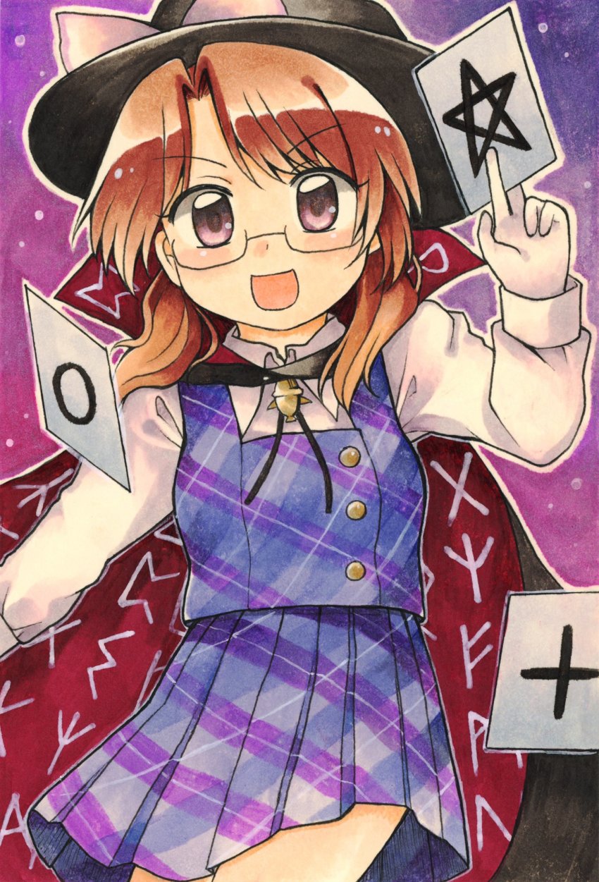 black_cape bolo_tie brown_hair cape card cloak clothes_writing commentary_request gloves high_collar highres holding holding_card long_sleeves low_twintails maa_(forsythia1729) marker_(medium) open_mouth plaid_clothes plaid_skirt plaid_vest pleated_skirt purple_eyes purple_skirt purple_vest quimbaya_airplane red-framed_eyewear shirt short_hair skirt touhou traditional_media twintails usami_sumireko vest white_gloves white_shirt zener_card