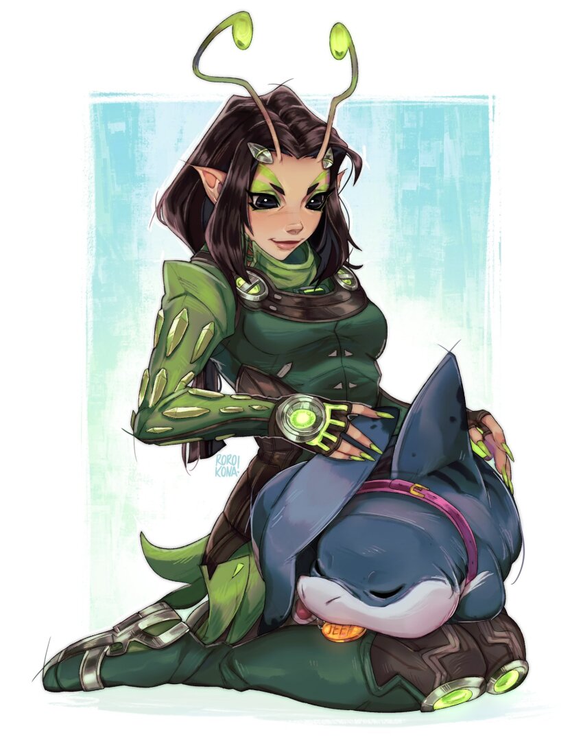 1girl alien antennae black_eyes black_hair closed_mouth fins fish_tail gloves guardians_of_the_galaxy highres jeff_(marvel) long_hair mantis_(marvel) marvel marvel_cinematic_universe marvel_rivals rorokonaa shark shark_fin shark_tail short_hair simple_background sleeping smile tail