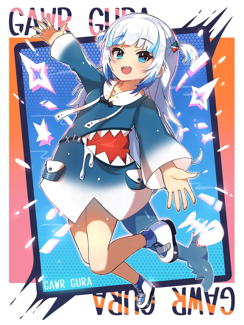 1girl :d abstract_background animal_costume animal_hood blue_eyes blue_hair blue_hoodie blunt_bangs blush character_name commentary fins fish_tail full_body gawr_gura hair_ornament highres hololive hololive_english hood hood_down hoodie long_hair long_sleeves looking_at_viewer mero_remo_sugoi multicolored_hair open_mouth outstretched_arms shark_costume shark_girl shark_hair_ornament shark_hood shark_print shark_tail sharp_teeth shoes smile solo spread_arms standing star_(symbol) streaked_hair tail teeth two-tone_hair two_side_up upper_teeth_only virtual_youtuber white_footwear white_hair