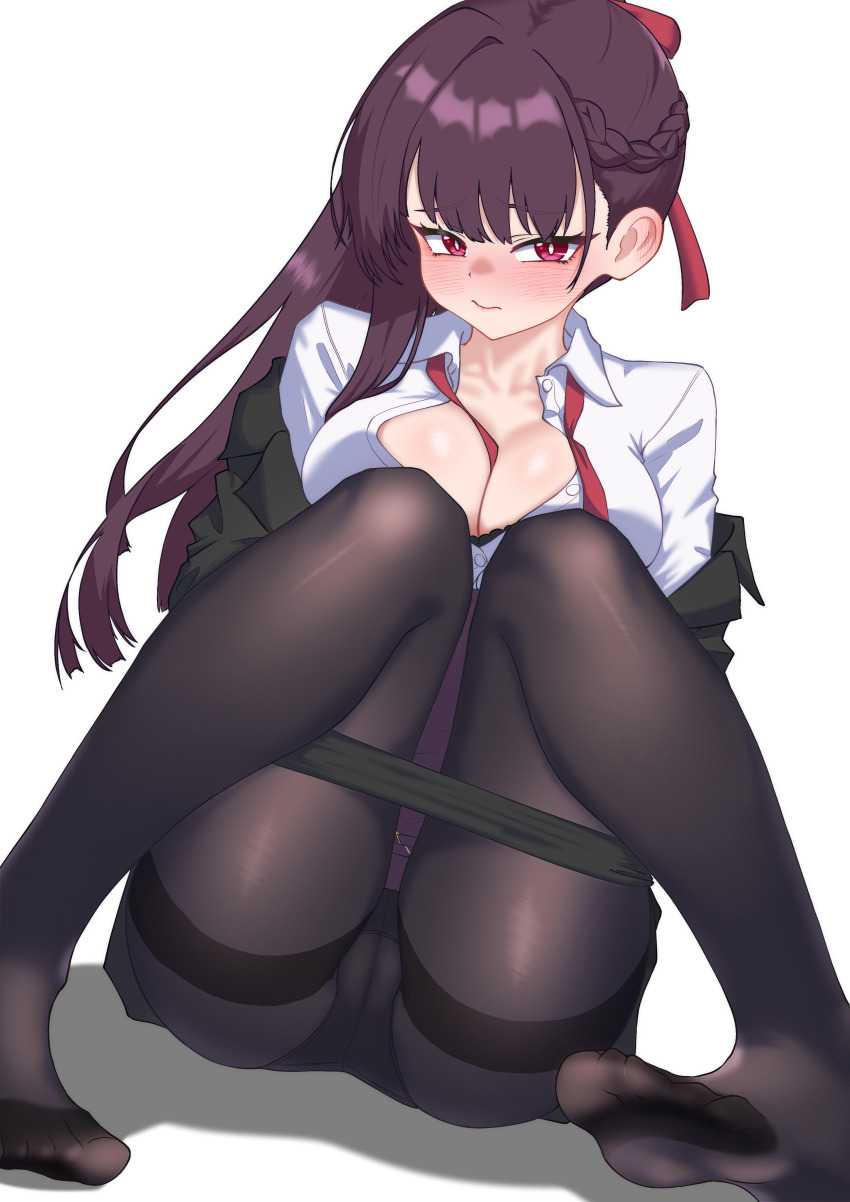 1girl absurdres black_jacket black_pantyhose blush breasts bright_pupils cleavage closed_mouth collared_shirt commentary_request dress_shirt feet full_body girls&#039;_frontline girls&#039;_frontline_2:_exilium half_up_braid highres jacket korean_commentary long_hair looking_at_viewer off_shoulder oldsickkim open_clothes open_jacket pantyhose ponytail purple_hair red_eyes shirt simple_background sitting solo toes wa2000_(girls&#039;_frontline) white_background white_pupils white_shirt