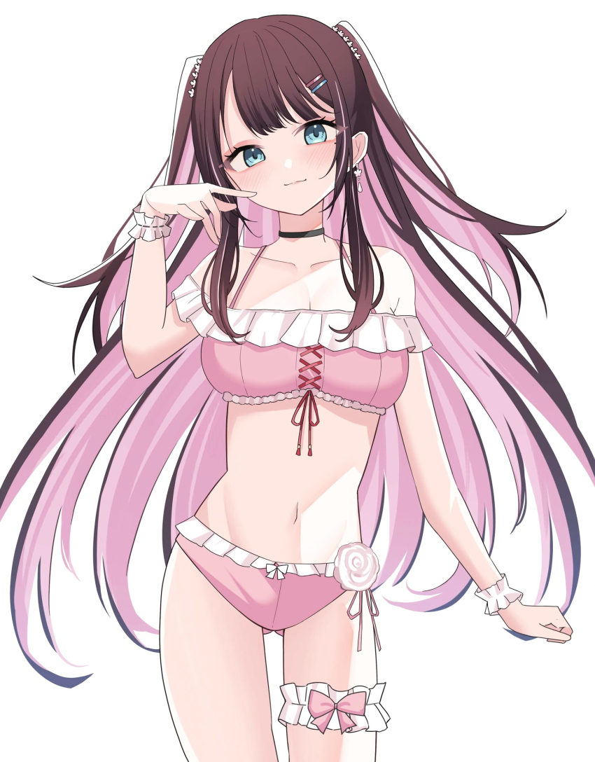 1girl aqua_eyes bikini black_choker breasts bridal_garter brown_hair choker cleavage collarbone colored_inner_hair commentary_request dreamoon highres kaga_nazuna long_hair looking_at_viewer medium_breasts multicolored_hair navel pink_bikini revision simple_background solo standing swimsuit two_side_up virtual_youtuber vspo! white_background