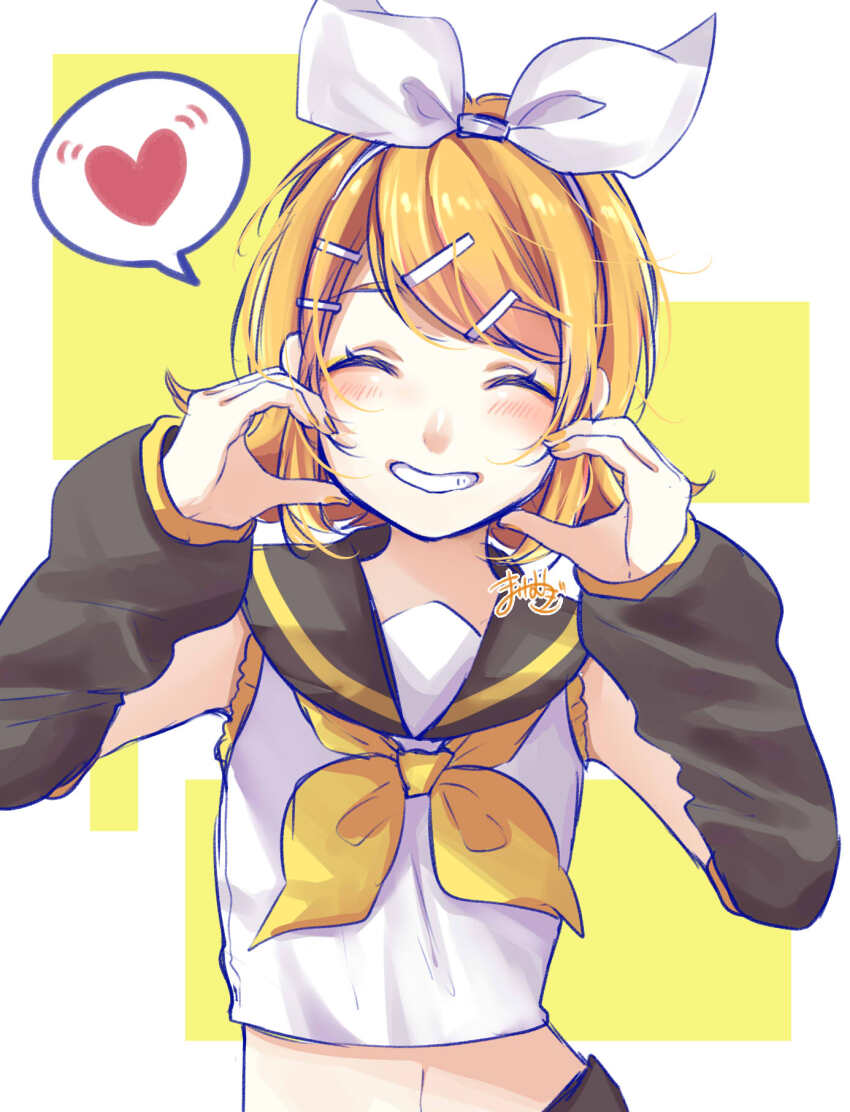 1girl ^_^ black_sailor_collar blonde_hair bow bow_hairband cheek_squash closed_eyes crop_top detached_sleeves flat_chest grin hair_bow hair_ornament hairband hairclip hands_on_own_cheeks hands_on_own_face happy heart heart_hands highres kagamine_rin light_blush mai_mugi midriff navel neckerchief sailor_collar shirt shorts signature skinny sleeveless sleeveless_shirt smile solo spoken_heart swept_bangs upper_body vocaloid white_bow white_hairband white_shirt yellow_nails yellow_neckerchief