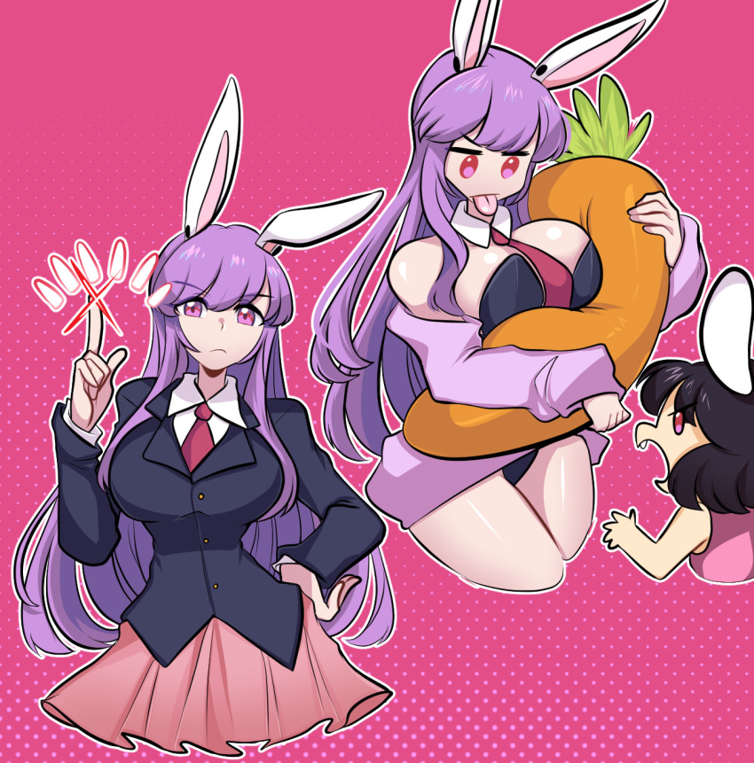 2girls alternate_costume animal_ears black_hair black_jacket black_leotard breasts danmaku detached_collar highres inaba_tewi index_finger_raised jacket large_breasts leotard missandydandy multiple_girls multiple_views necktie pink_skirt playboy_bunny purple_hair rabbit_ears rabbit_girl red_eyes red_necktie reisen_udongein_inaba skirt stuffed_carrot tongue tongue_out touhou