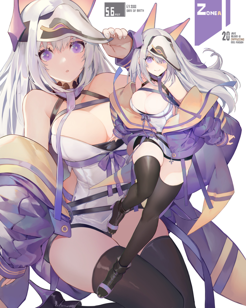 1girl :o akizone bare_shoulders black_shorts black_thighhighs breasts cleavage collarbone grey_hair highres jacket large_breasts long_hair long_sleeves looking_at_viewer nail_polish off-shoulder_jacket off_shoulder original pink_nails purple_eyes purple_jacket purple_ribbon ribbon shirt shorts solo thighhighs white_shirt zonea_(akizone)