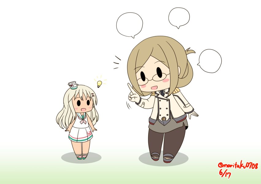 2girls black_pantyhose blonde_hair buttons chibi clothes_writing commentary_request dated double-breasted dress epaulettes folded_ponytail gloves grecale_(kancolle) grey_skirt highres index_finger_raised kantai_collection katori_(kancolle) light_brown_hair light_bulb long_hair military_uniform moritaku0708 multiple_girls neckerchief one-hour_drawing_challenge open_mouth pantyhose parted_bangs pencil_skirt rimless_eyewear sailor_collar sailor_dress simple_background skirt sleeveless sleeveless_dress solid_oval_eyes speech_bubble striped_neckerchief template twitter_username wavy_hair white_background white_dress white_gloves white_sailor_collar