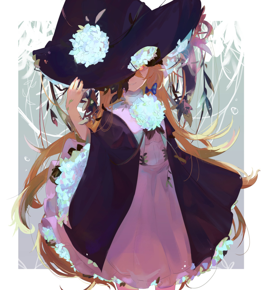 1girl adapted_costume black_hat blonde_hair blue_flower dress feet_out_of_frame flower grin hat hat_flower highres hydrangea kirisame_marisa long_hair open_mouth purple_dress sawararado smile solo touhou witch_hat yellow_eyes