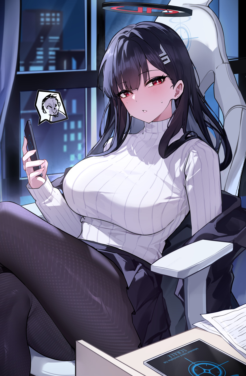 1girl absurdres black_hair black_jacket black_pantyhose black_skirt blue_archive breasts cellphone chair crossed_legs doodle_sensei_(blue_archive) feet_out_of_frame gaming_chair halo highres holding holding_phone indoors jacket jacket_partially_removed large_breasts long_sleeves looking_at_viewer miniskirt pantyhose phone red_eyes ribbed_sweater rio_(blue_archive) sensei_(blue_archive) sijinni sitting skirt solo spoken_expression sweater swivel_chair white_sweater