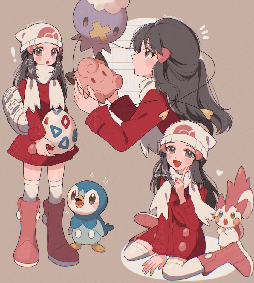 alternate_color beanie black_hair blue_hair blush boots cleffa creatures_(company) dawn_(pokemon) drifloon egg game_freak gen_2_pokemon gen_4_pokemon hair_ornament hairclip hat highres long_hair looking_at_viewer mikakami1e nintendo open_mouth pachirisu pink_boots piplup pokemon pokemon_(creature) pokemon_dppt pokemon_egg pokemon_platinum scarf shiny_pokemon smile togepi white_hat