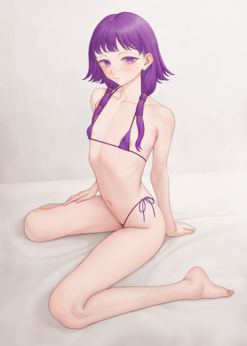 1girl areola_slip bikini blush closed_mouth collarbone commentary_request commission fire_emblem fire_emblem:_the_sacred_stones flat_chest full_body highres looking_at_viewer lute_(fire_emblem) micro_bikini navel ni_(221) nintendo purple_bikini purple_eyes purple_hair short_hair_with_long_locks sitting skeb_commission solo string_bikini swimsuit wariza