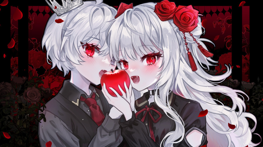 1boy 1girl apple black_choker black_shirt black_vest blush choker collared_shirt commentary commission crown falling_petals fangs flower food fruit goth_fashion hair_bun hair_flower hair_ornament heart heart_in_eye highres holding holding_food holding_fruit long_hair long_sleeves mew_(mewrurirun) mini_crown mole mole_under_eye neck_ribbon open_mouth original pale_skin petals pixiv_commission red_eyes red_flower red_petals red_ribbon red_rose ribbon rose rose_petals shirt symbol-only_commentary symbol_in_eye tassel tsurime vampire variant_set vest white_hair