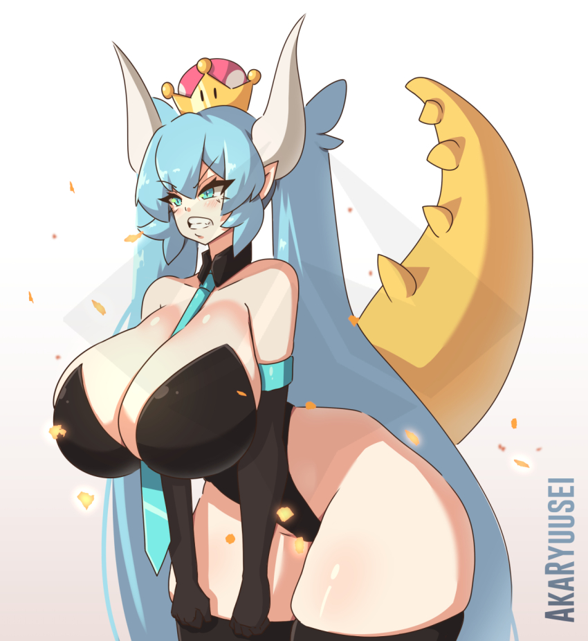 1girl akaryuuseiart aqua_hair black_sleeves bowsette bowsette_(cosplay) breasts commentary cosplay dragon_girl dragon_tail english_commentary hatsune_miku highres horns large_breasts leotard long_hair mario_(series) new_super_mario_bros._u_deluxe nintendo solo super_crown tail twintails very_long_hair vocaloid