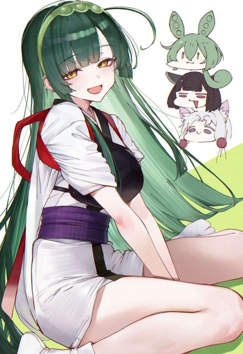 4girls absurdres green_hair green_hairband hairband highres japanese_clothes kimono long_hair looking_at_viewer multiple_girls open_mouth purple_sash sash short_kimono short_yukata sitting smile socks solo_focus suujiniku tabi touhoku_itako touhoku_kiritan touhoku_zunko voiceroid voicevox wariza white_kimono white_socks yellow_eyes yukata zundamon