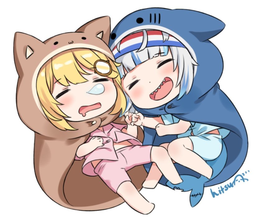 2girls :d animal_hood artist_name barefoot blonde_hair blue_cloak blue_eyes blue_shirt blue_shorts blush brown_cloak chibi cloak closed_eyes collared_shirt commentary cosplay dress_shirt drooling english_commentary fins fish_tail gawr_gura gawr_gura_(1st_costume) hair_ornament headband himouto!_umaru-chan hitsukuya hololive hololive_english hood hood_up hooded_cloak komaru komaru_(cosplay) komaru_(himouto!_umaru-chan) mouth_drool multicolored_hair multiple_girls nose_bubble open_mouth pink_shirt pink_shorts shark_hood sharp_teeth shirt short_shorts short_sleeves shorts signature silver_hair simple_background smile streaked_hair tail teeth virtual_youtuber watson_amelia white_background