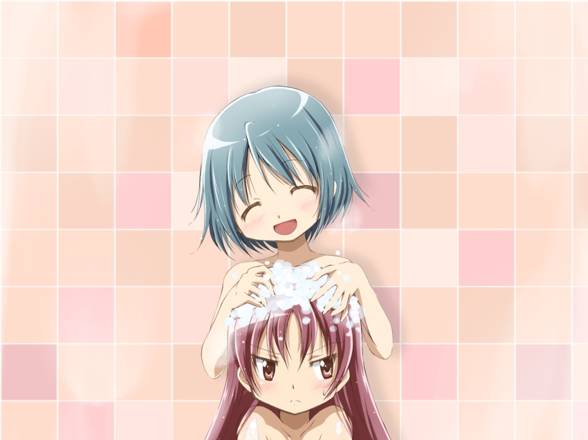 10s 2girls bathing blue_hair closed_eyes hands_on_another&#039;s_head highres kinfuji long_hair mahou_shoujo_madoka_magica mahou_shoujo_madoka_magica_(anime) miki_sayaka multiple_girls red_eyes red_hair sakura_kyoko shampoo short_hair simple_background smile soap_bubbles washing_hair