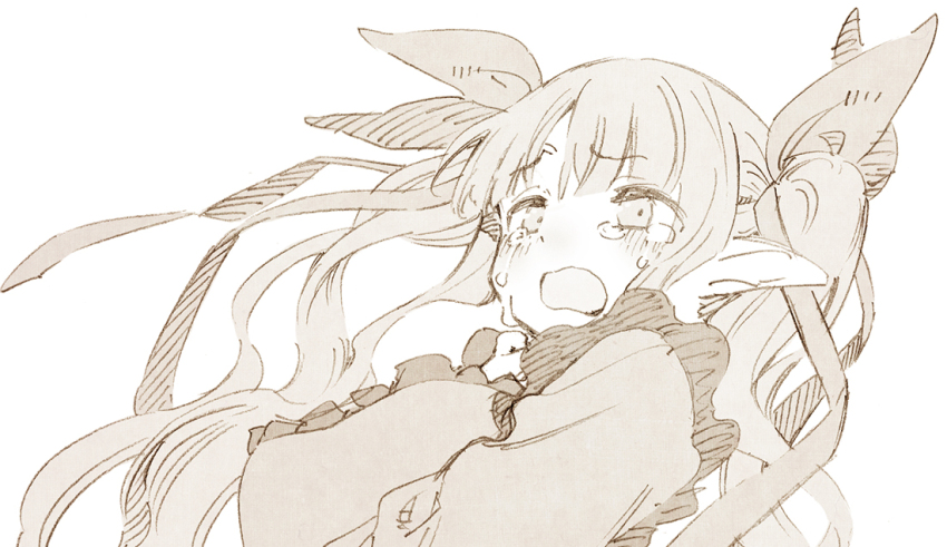 1girl abara_heiki blush bow crying elf hair_bow japanese_clothes kimono kyoka_(princess_connect!) long_hair long_sleeves looking_up monochrome open_mouth pointy_ears princess_connect! ringlets sidelocks simple_background sketch sleeves_past_fingers sleeves_past_wrists smile solo tears twintails upper_body very_long_hair white_background