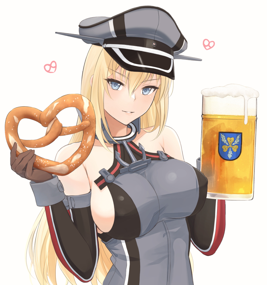 1girl alcohol beer beer_mug bismarck_(kancolle) blonde_hair blue_eyes breasts brown_gloves cup dress elbow_gloves food gloves grey_dress grey_hat hat highres kantai_collection large_breasts long_hair military_uniform mug odachu parted_bangs peaked_cap pretzel sideboob simple_background sleeveless sleeveless_dress smile solo upper_body white_background